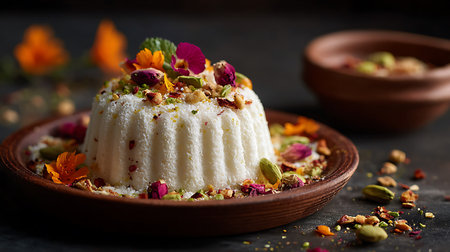 Traditional Turkish dessert kunefe with pistachios and dried flowersの写真素材