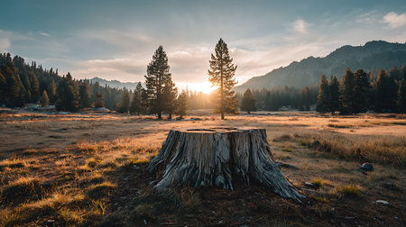 Stump in the meadow at sunset, Dolomites, Italyの写真素材