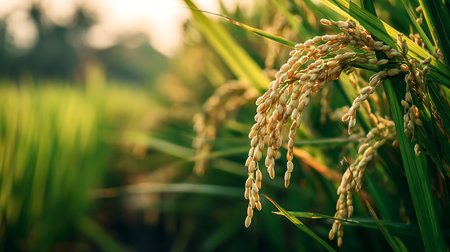 Close up of rice paddy in rice field. Nature background.の写真素材