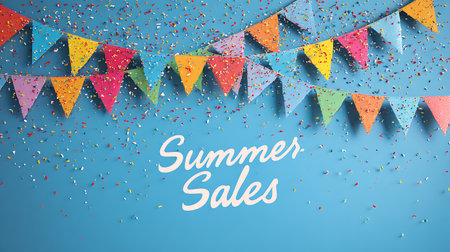 Summer Sale Banner with Bunting and Confetti. Vector Illustrationの写真素材