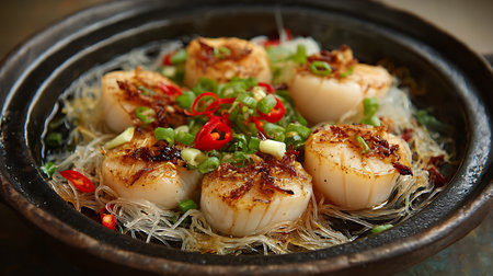 Grilled scallops with sweet and sour sauce in a bowlの写真素材
