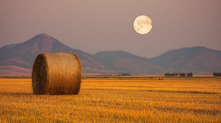 Straw bales in wheat field at sunset with full moon.