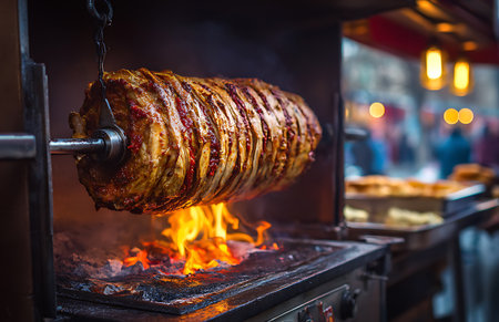 Traditional Turkish Doner Kebab on a spit at the street food marketの写真素材