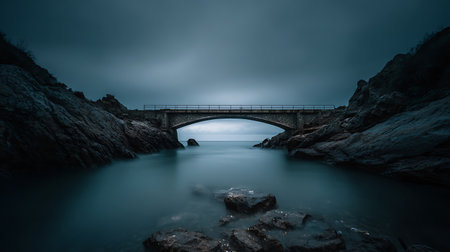 A long exposure shot of a bridge in the sea under a cloudy skyの写真素材
