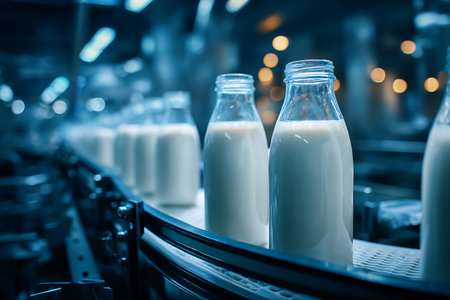 Milk bottles on the conveyor belt. Conveyor belt with bottles of milk. Industrial backgroundの写真素材
