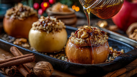 baked apples with honey and nuts on a wooden background. selective focusの写真素材