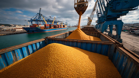 Cargo terminal for loading bulk cargo of iron ore by ship cranes and grabs.
