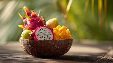 Tropical fruits in coconut bowl on wooden table, closeupの写真素材