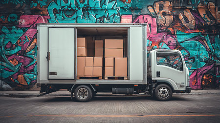 Truck with cardboard boxes on the background of a wall with graffiti