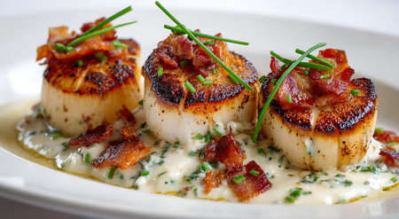 Grilled scallops with bacon and chives on white plate