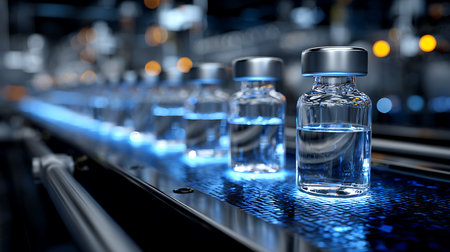 Glass vials with medicine on conveyor belt. 3d rendering