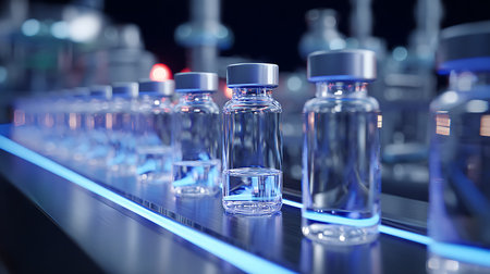 Glass medical ampoules on conveyor belt, closeup