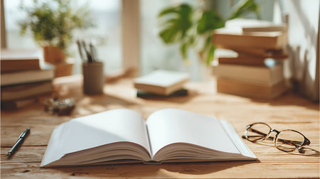 Open notebook with blank pages on wooden table in office. Mock upの写真素材