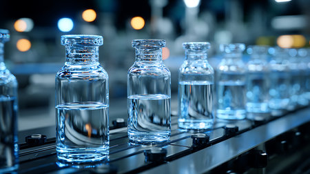 Vials on conveyor belt, closeupの写真素材