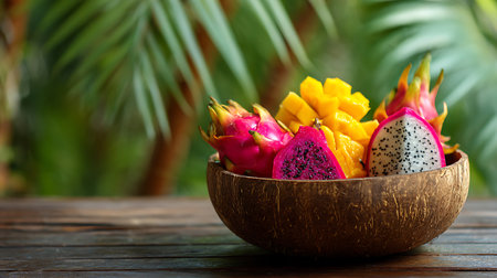 dragon fruit in coconut bowl on wooden table with palm leaves background.の写真素材
