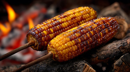 Grilled corn on fire, close-up, selective focus.