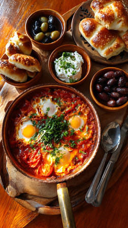 Breakfast with fried eggs, bread, olives and tomato sauceの写真素材