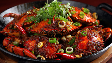 Fried crab with chili pepper and coriander in a panの写真素材