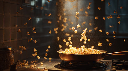 Pouring popcorn into a pan in the kitchen. Selective focus.の写真素材
