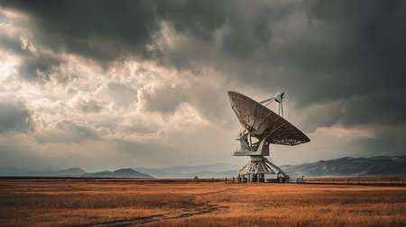 The silhouette of a radio telescope on a background of stormy skyの写真素材