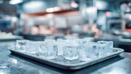 Ice cubes on a metal tray in a restaurant kitchen. Selective focus.