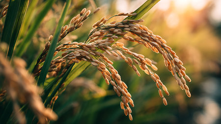 Close up of rice grain in the field with sunset light background.の写真素材