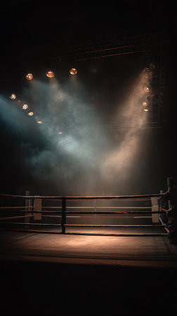 Boxing ring with lights and smoke in the dark, stock photoの写真素材