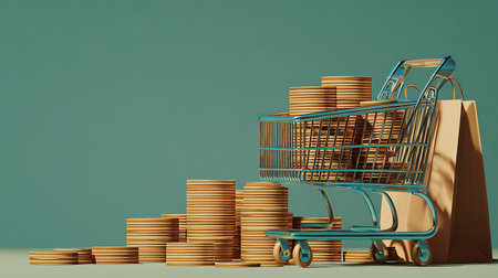 Shopping cart and stack of coins on blue background. 3d renderingの写真素材