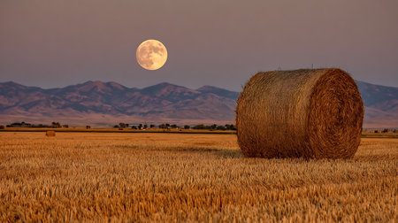 Straw bales on the field in front of the full moonの写真素材