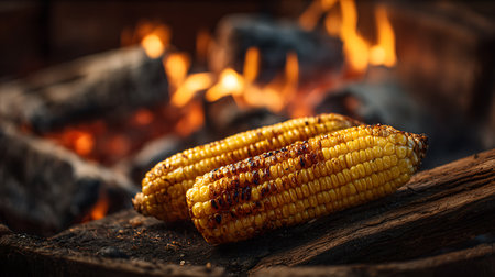 Grilled corn on the cob over a campfire, close upの写真素材