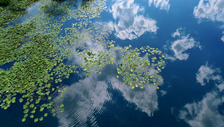Reflection of clouds and water lily pads in the lake.の写真素材