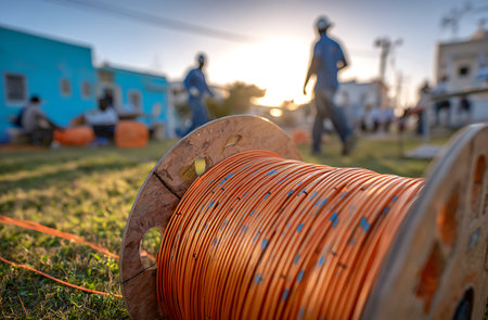 A close-up view of a large wooden spool of orange cable rests on the grass. In the background, silhouetted figures of workers are active in a semi-urban setting during sunset, with warm light illuminating the scene.の写真素材