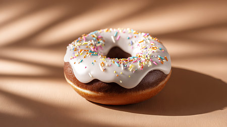 Donut showing chocolate donut with white icing and sprinkles with shadow. High resolution image suitable for commercial use. Clear details and vibrant colors enhance visual appeal.の写真素材