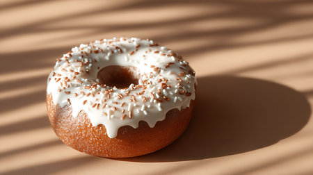 A close-up shot of a delicious donut with white icing and sprinkles. The donut is placed on a light brown surface, with dappled shadows cast across it, suggesting natural light. The focus is on the texture and details of the sweet treat.の写真素材