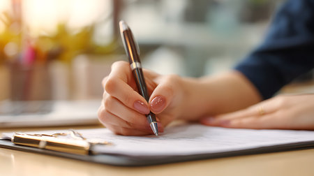 A detailed close-up of a woman's hand holding a dark-colored pen and writing on a document. The paper rests on a clipboard, and her fingernails are painted a light peach. A ring is visible on her finger. The background is out of focus, suggesting a workspace.の写真素材