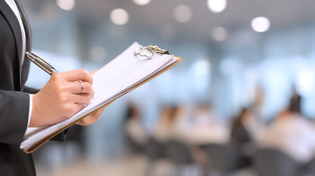 A close-up shot of a person's hands wearing a suit jacket and writing with a pen on a clipboard. The background is blurred, showing an office environment with people and furniture, suggesting a business meeting or work setting.の写真素材