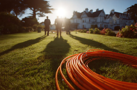 A close-up of a coiled orange cable rests on a lush green lawn. In the distance, silhouetted figures of people are visible near a large, elegant white house. The sun is low in the sky, casting long shadows and creating a warm, golden light.の写真素材