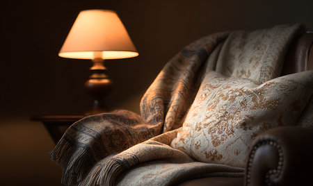 A close-up view of a plush armchair draped with a patterned blanket and a decorative pillow. A warm light emanates from a table lamp in the background, casting a soft glow on the scene. The textures of the fabric and the rich tones create a sense of comfort and warmth.の写真素材