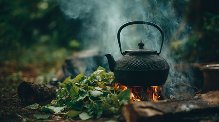 A close-up view of a black cast-iron kettle positioned over a lively campfire. Wisps of steam rise from the kettle, and flames lick at its base. A pile of green foliage and scattered logs surround the fire, with a softly blurred forest backdrop.の写真素材