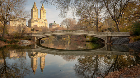 The iconic Bow Bridge in Central Park is captured during autumn, with its reflection shimmering in the lake. The Dakota Building stands tall in the background, framed by trees with sparse fall foliage and a soft, overcast sky.の写真素材