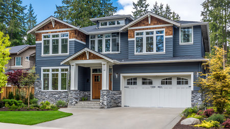 Lower showing blue and wood siding two story home with white garage door keywords: house, home, residential, architecture, exterior, blue, wood, siding, stone, accents, two story, white garage door, windows, landscaping, trees, sky, daytime, suburban, real estate, property, dwelling, facade, entrance, roof, columns, daylight, modern, contemporary, neighborhood, construction, house design, green lawn description: a two-story residential house with a blue horizontal siding exterior, accented...の写真素材