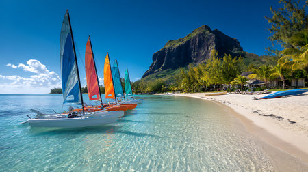 A vibrant tropical scene featuring a row of colorful sailboats with sails of blue, orange, red, and green, lined up on a pristine white sand beach. The crystal-clear turquoise water reveals the sandy bottom. In the background, lush green trees lead to a majestic, rocky mountain under a clear blue sky.の写真素材