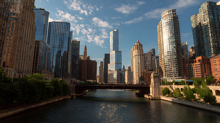 The Chicago skyline is dominated by modern skyscrapers, as seen from the Chicago River. A bridge spans the water, with lush green trees lining the riverbanks. The sky is blue with scattered clouds, and the sun reflects on the water.の写真素材