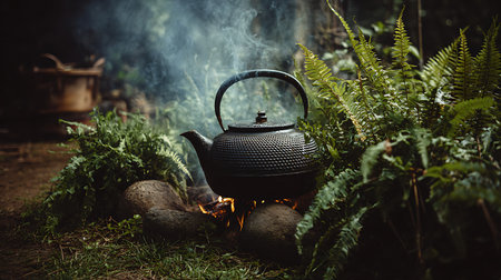 A dark cast iron teapot is placed over a crackling campfire, with wisps of smoke rising into the air. The teapot is nestled amongst large, lush green ferns and rounded rocks, suggesting a natural, wild setting. The ground is covered in grass and moss. The overall mood is one of rustic outdoor living and preparation.の写真素材