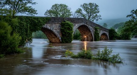 An old stone bridge with multiple arches is partially submerged by a rapidly flowing, swollen river. Green ivy and vegetation cover parts of the stone structure, and trees line the banks. The water is murky brown, reflecting the overcast sky and the lights visible under the bridge.の写真素材