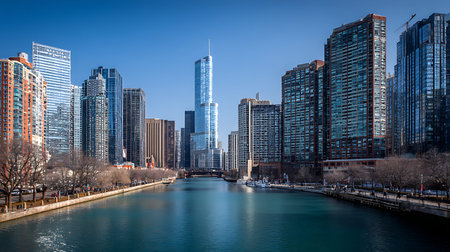 A wide shot of the Chicago River with a prominent view of a modern skyscraper. The cityscape is dominated by modern skyscrapers, with bare trees lining the riverbanks, suggesting a cooler season. Boats are docked along the river, and the blue sky reflects in the water.の写真素材