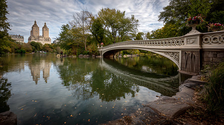 A picturesque view of Bow Bridge in Central Park, New York City, with its ornate white structure reflected in the calm lake. The Dakota Building and surrounding trees, displaying autumn colors, are also mirrored in the water under a cloudy sky.の写真素材