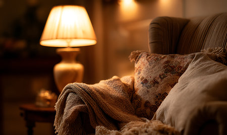 Blanket showing cozy armchair with lamp and blanket in warm lighting. High resolution image suitable for commercial use. Clear details and vibrant colors enhance visual appeal.の写真素材