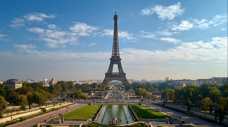 A wide-angle view of the Eiffel Tower in Paris, with manicured gardens and a decorative fountain in...