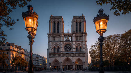 The iconic Notre Dame Cathedral is viewed from a plaza, with two ornate, glowing street lamps flanking the composition. The warm light of sunset bathes the scene, highlighting the intricate gothic details of the cathedral's facade and towers. Silhouettes of trees and a few distant figures add depth to the image, creating a picturesque and inviting view of this Parisian landmark.の写真素材